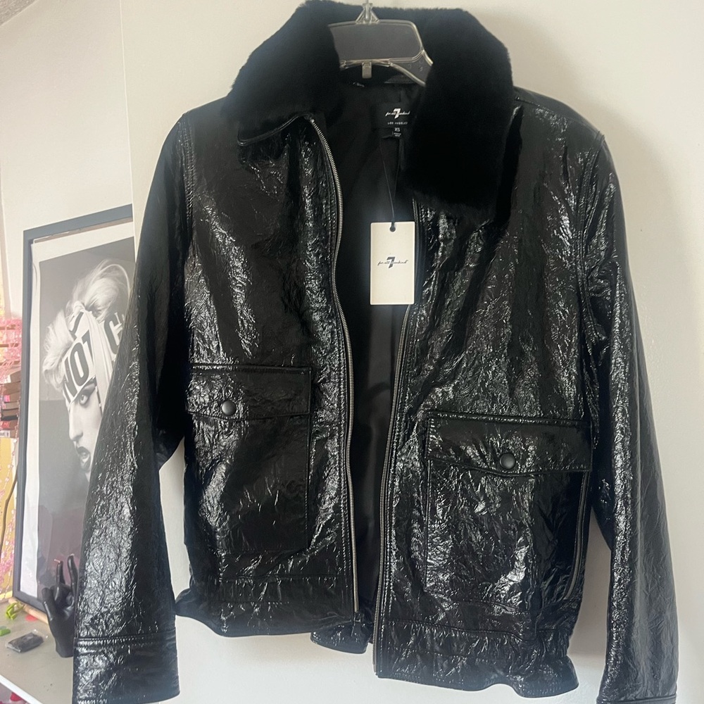 7 for All Mankind black jacket with real fur collar sz xs NWT